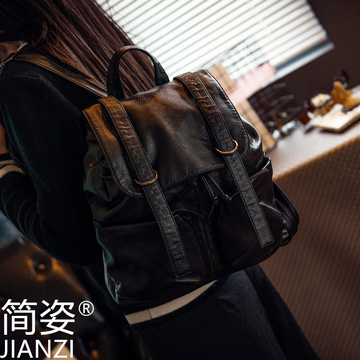 韩版水洗皮女士双肩包软皮书包时尚休闲 潮 学院风学生女两用背包