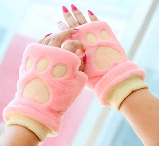 天天特价2015新款韩版半指手套女 冬 可爱加厚加绒毛绒卡通猫爪