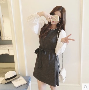 2015秋装新款 韩国 宽松圆领系带娃娃长袖衬衫连衣裙