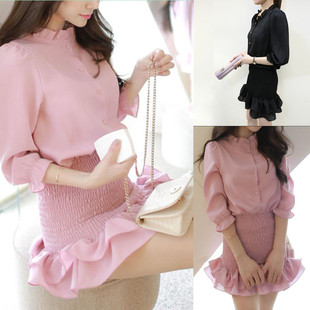 2015夏季女装韩版粉色连衣裙 七分袖气质荷叶边短裙包臀鱼尾裙子