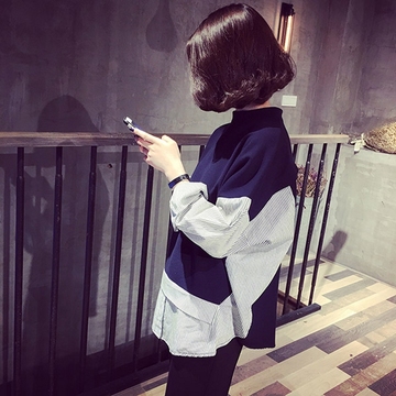 2016秋装新款韩版女装宽松上衣显瘦拼接竖条纹衬衫女长袖学生衬衣