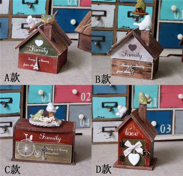 欧式木屋木盒陶瓷小鸟创意旋转八音盒工艺品 音乐铃摆件礼品4款选