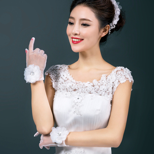 夏季新款新娘结婚礼短款雷丝露指花边手套白色透明女款婚纱手套女