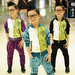 时尚撞色钻石绒儿童运动装两件套 朝西童装韩版男童套装运动服