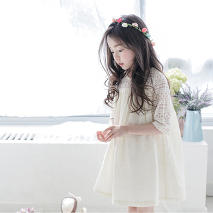 2015夏新款女童韩国版高端童装棉麻短袖蕾丝连衣裙中大童公主裙子