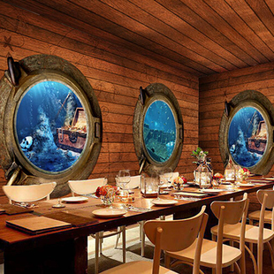 复古木板3d立体海盗餐厅墙纸木纹壁纸KTV酒吧大型壁画