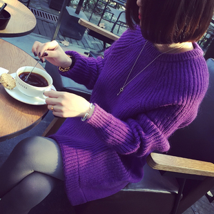 2015冬季新款韩范气质宽松中长款毛衣纯色圆领套头针织外穿打底衫