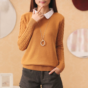 秋冬新款韩版女装长袖方领套头毛衣宽松显瘦衬衫领麻花针织打底衫