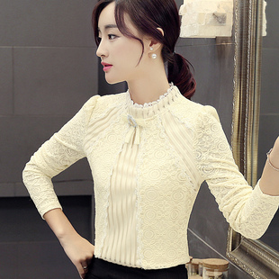 2016秋冬新款韩版加绒蕾丝衫女长袖女装上衣加厚高领中长款打底衫
