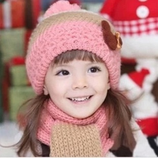 2015冬季韩版保暖儿童男女童贝雷帽针织毛线帽子围巾两件套装冬天