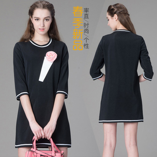2015春季新款欧美风连衣裙撞色七分袖圆领宽松型A字裙女装