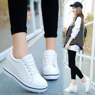 韩版秋季皮面平底系带学生休闲运动白鞋女内增高显瘦透气百搭板鞋