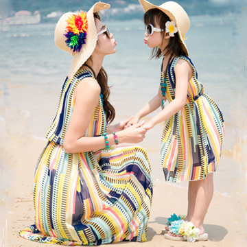 沙滩裙亲子装海边母女亲子装夏装裙子母女装韩国中长款雪纺连衣裙