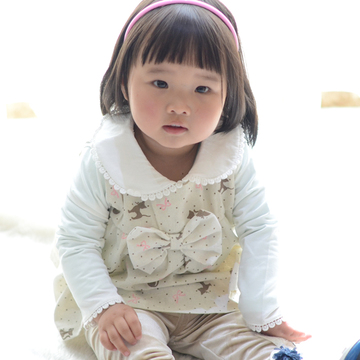 亏本清仓2015春秋韩版童装小童女宝婴儿猫棉麻布娃娃衫假两件T恤