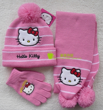包邮儿童hello kitty帽子围巾手套三件套女童凯蒂猫毛线帽秋冬款