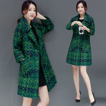 2016秋冬季新款女装韩版羊毛呢子大衣中长款千鸟格修身毛呢外套女