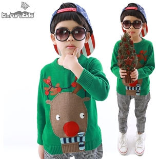 韩国童装男童圣诞麋鹿全棉套头儿童毛衣2015秋冬新可爱宝宝针织衫