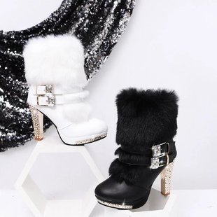 2016冬季新款高跟中筒女靴前拉链水钻粗跟防水台羊毛皮一体雪地靴