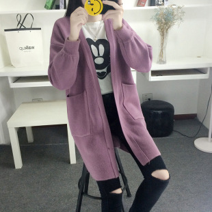 2016秋季新款韩版女装V领大码中长款针织衫开衫纯色毛衣女外套 厚