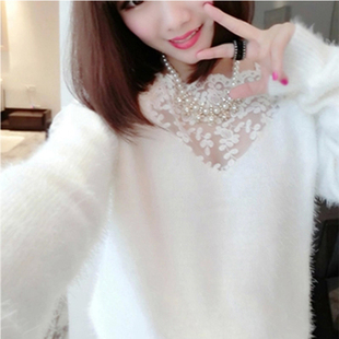 2015秋冬季毛衣女韩版甜美蕾丝拼接宽松显瘦短款套头针织衫单件