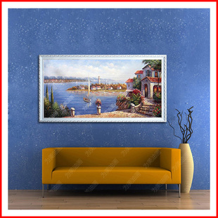 有框画欧式客厅装饰画玄关壁炉手绘油画地中海风景莱茵河畔