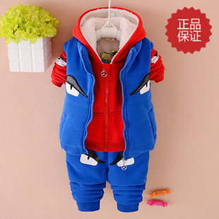 新款冬季男童装0-3岁宝宝婴儿保暖纯棉卡通加绒厚马甲卫衣三件套