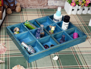 zakka杂货储物展示柜十二格桌面木质化妆品收纳盒 水洗蓝色收纳盒