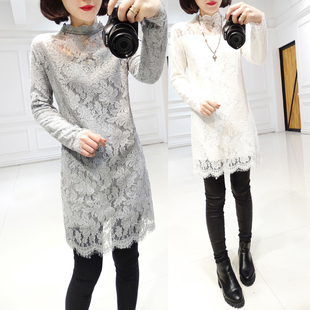2015冬季韩版中长款加厚t恤加绒长袖蕾丝打底衫女修身保暖上衣潮