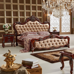 欧式实木床双人婚床 深色卧式雕花古典床1.8米公主床法式皮艺床凳