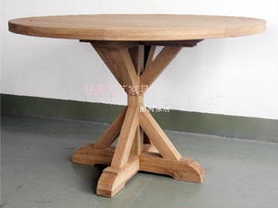 美式乡村餐桌圆形复古实木咖啡桌办公桌聚会会议桌饭桌铁艺餐桌椅