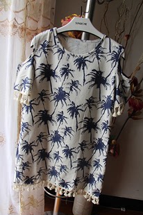 2015夏季新款韩版流苏露肩植物图案宽松修身圆领棉麻上衣连衣裙