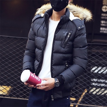 冬季男装外套可脱连帽毛领棉衣流行加厚棉袄韩版修身保暖大码棉服