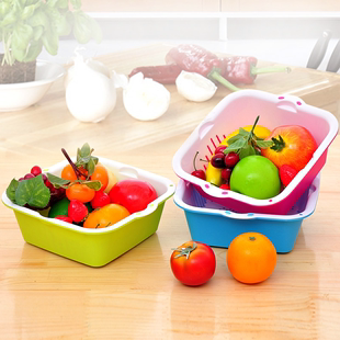 厨房双层沥水篮塑料蔬菜水果方形洗菜篮滴水篮创意盘碗收纳架包邮
