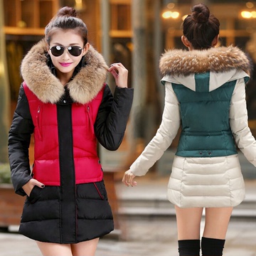 女士棉衣2015冬装新款加厚大毛领羽绒棉服 韩版拼接中长款女外套