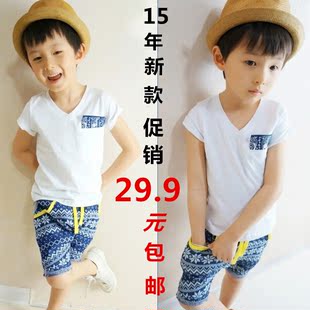 儿童装男童夏装2015新款夏季宝宝T恤短裤短袖套装潮3-4-6-7-8-9岁