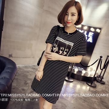 2016新款女装韩版时尚休闲大码中长款印花打底衫条纹短袖T恤