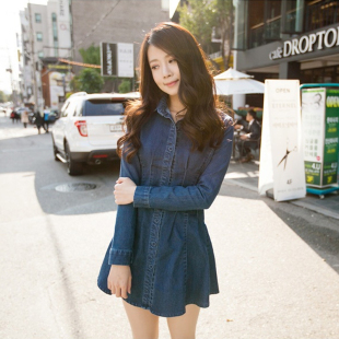 2015季新款 韩版修身 连体衬衣 牛仔连衣裙