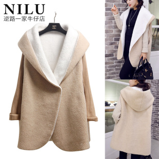 NILU2015冬装韩版新款女装修身长袖中长款羊羔绒大衣纯色连帽外套