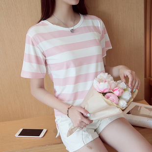2016夏季韩版新款横条纹t恤女宽松短袖开叉显瘦简约学生半袖上衣
