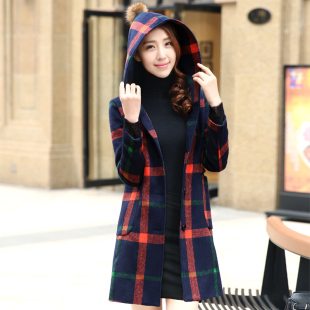 冬季中长款修身格子毛呢外套韩版时尚羊毛呢子大衣女装加棉加厚