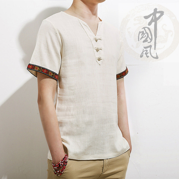 夏季民族风亚麻短袖T恤衫男士上衣大码体恤棉麻半袖中国风男装潮