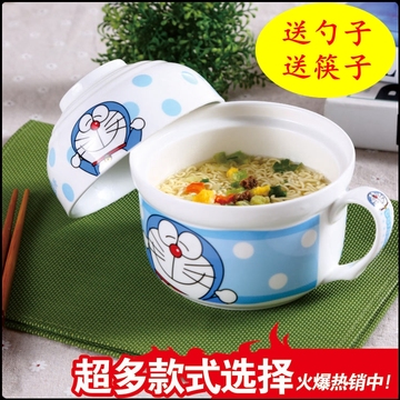哆啦a梦卡通陶瓷泡面杯碗套装 可爱儿童餐具送勺送筷子日式韩式碗