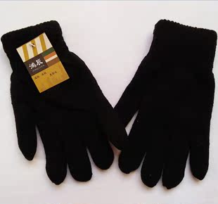 包邮男士毛线手套黑色冬季加厚保暖户外双层带绒分指针织手套批发