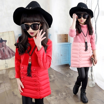 2015新款冬季女童高领保暖卫衣加绒中长款大童韩版打底衫加厚红黑