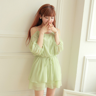 #2963 2015CHUVIVI韩版夏装新款清新纯色吊带宽松垂荡雪纺连衣裙