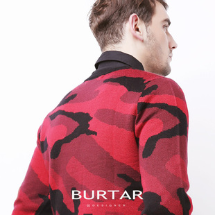 2015冬季新款欧美红色迷彩毛衣男圆领针织衫修身套头外套羊毛衫潮