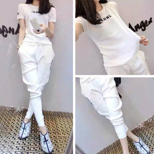 夏季新款韩版大码短袖套装女夏纯色短袖九分裤学生休闲运动套装女