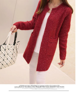 2015秋冬装新款女毛衣外套韩版中长款修身显瘦口袋针织衫圆领开衫