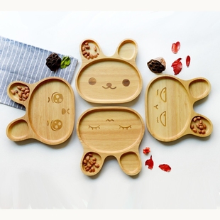 创意宝宝儿童分格餐盘 橡胶木卡通兔子餐盘 实木餐具 儿童餐盘