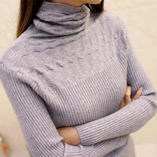2015冬季新款韩版女装修身显瘦波浪堆堆领针织打底衫中长款毛衣